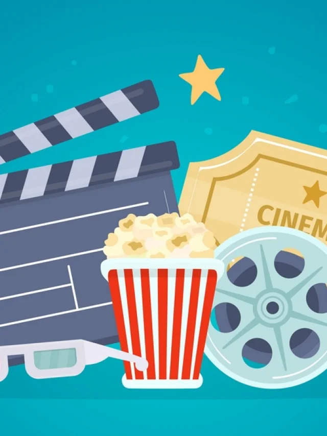 Cartel de cine con carrete, claqueta, palomitas y entradas. Cartel para ver películas con gafas 3d. Concepto vectorial de cine de dibujos animados. Estreno de película o invitación a festival de entretenimiento